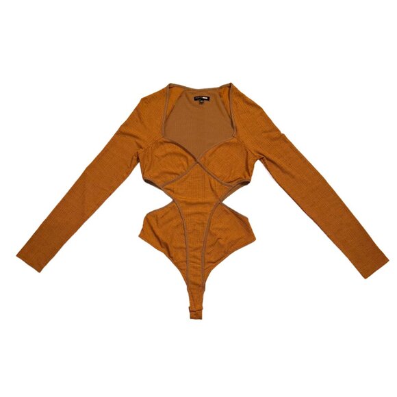 FASHION NOVA | Nude V-Neck Long Sleeve Bodysuit Size Medium - Picture 1 of 6